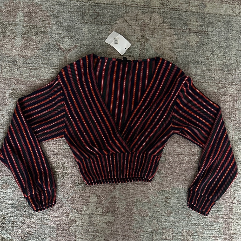 Topshop Navy Cropped Wrap Top with Red and Orange Stripes